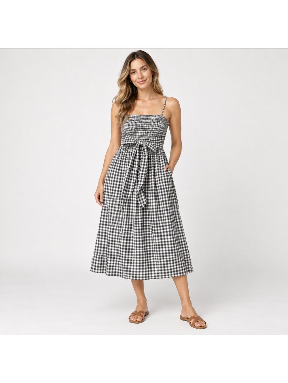 Vince NWT Cotton Silk Gingham Smocked Bow Dress M